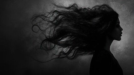 Naklejka premium Dramatic woman silhouette, flowing hair, textured background, artistic portrait