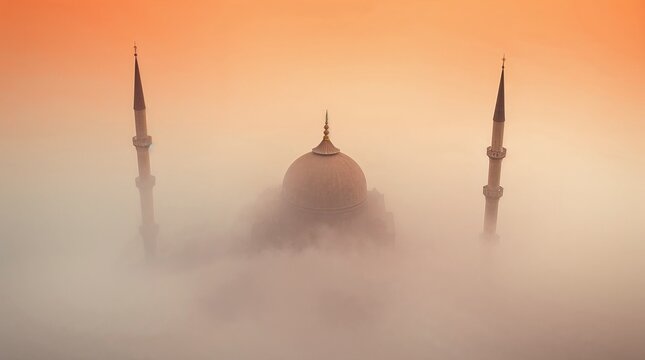 Mystical Mosque in Fog: A majestic mosque emerges from a sea of fog, its minarets and dome silhouetted against a soft, diffused sky, creating a sense of serenity and mystery.