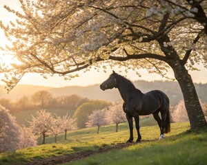 Black horse with white flowering fruit