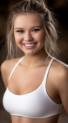 Obraz premium Woman with blonde hair and a white tank top is smiling. The image has a happy and positive mood