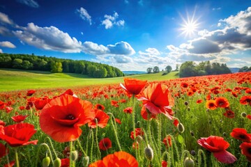 Fototapeta premium Vibrant Poppy Field Summer Landscape Wallpaper - Blue Sky Flowers Nature Background