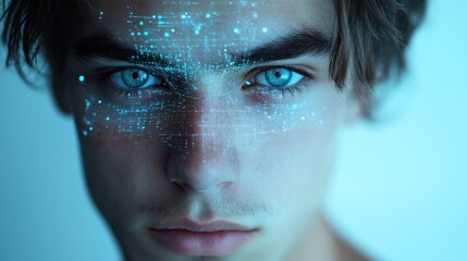 Young man with digital interface overlay on his face, representing futuristic technology and advanced personal data analysis.