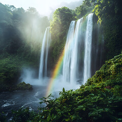 "A Waterfall with Mist Forming a Rainbow, Surrounded by Green Vegetation, Spectacular and Refreshing"