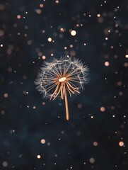 Ephemeral beauty, A dandelion seed head floating amongst glowing particles