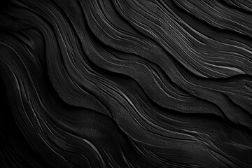 Obraz premium Black wood background with wavy patterns, natural texture for design and print on fabric or wallpaper. Abstract dark gray wood grain surface with organic lines of wood pattern. Stock photo,