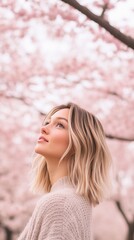 Woman cherry blossom trees smile pink sky