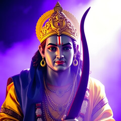 A digital art of Lord Ram, the seventh avatar of Vishnu, is a symbol of dharma, virtue, and righteousness. He is depicted with a bow, wearing a yellow dhoti and a crown, embodying divine grace