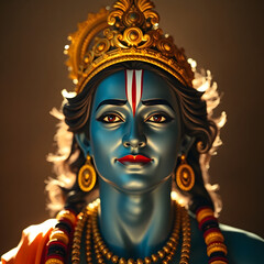 A digital art of Lord Ram, the seventh avatar of Vishnu, is a symbol of dharma, virtue, and righteousness. He is depicted with a bow, wearing a yellow dhoti and a crown, embodying divine grace
