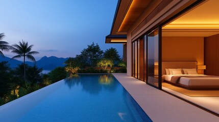 Obraz premium A modern luxury home with glass doors, overlooking a serene pool and tropical landscape during nighttime.