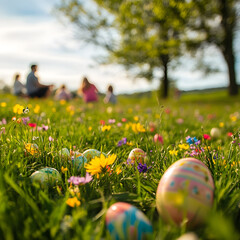 "A Field of Wildflowers with Hidden Easter Eggs, a Family Setting Up a Picnic in the Distance, Vibrant Colors, Sunny Day"
