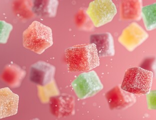 A dynamic shot of colorful gummy cubes floating in the air, with a soft pink background that adds depth and vibrancy to each candy piece.