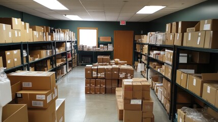 Obraz premium Full warehouse interior, boxes stacked high, shelves filled with goods