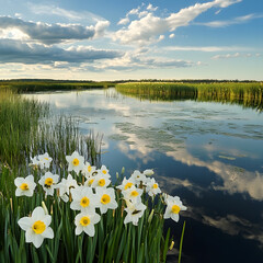 "A Wetland with Daffodils and Dragonflies, Calm Water Reflecting the Sky, Serene and Biodiverse"