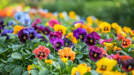 Obraz premium A bed of colorful pansies in a landscaped garden with