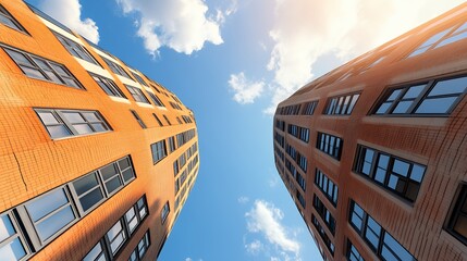 Converging Red Brick Buildings Under a Sunny Blue Sky Architectural Perspective
