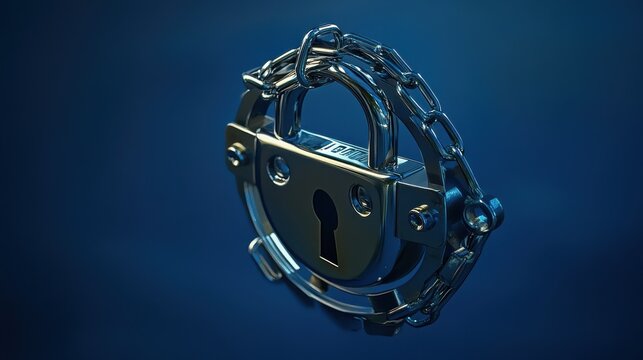 Convey the essence of cyber security technology with an image featuring a digital padlock representing data encryption and network protection, displayed against a deep blue backdrop, highlighting