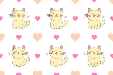 seamless pattern of cartoon cat with hearts