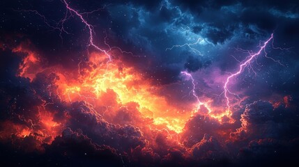 Fototapeta premium Dramatic Lightning Strikes Over Fiery Clouds Creates Powerful Visual Experience