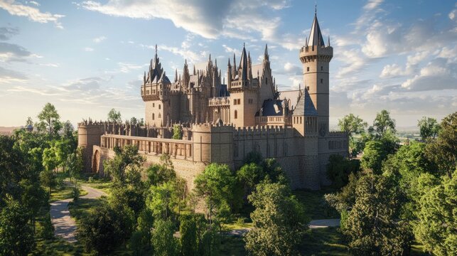 Majestic castle amidst lush greenery under a cloudy sky scenery