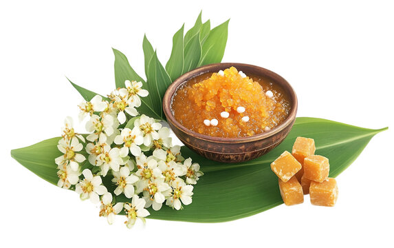 A Traditional Ugadi Greeting Design Embellished with Neem Flowers and Festive Patterns Isolated on transparent background.