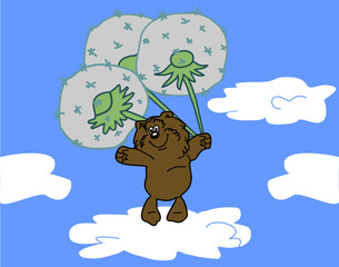 Vector children's drawing. Bear cub is flying in clouds
on dandelions. Hand drawn seamless t-shirt design.
Fashionable print for fabric, paper, clothing,
notebook, card mockup, child book. Scribbles.