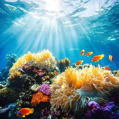 "A Coral Reef with Colorful Fish and Sea Anemones, Underwater View with Sunlight Streaming Through, Aquatic and Vibrant"
