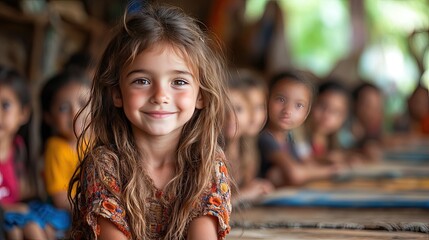 A diverse group of young children sits on a blue carpet in a classroom setting.