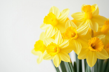 Obraz premium Bright Yellow Daffodils Bouquet. Bright yellow daffodils against a white background, perfect for spring-themed designs or floral decorations.