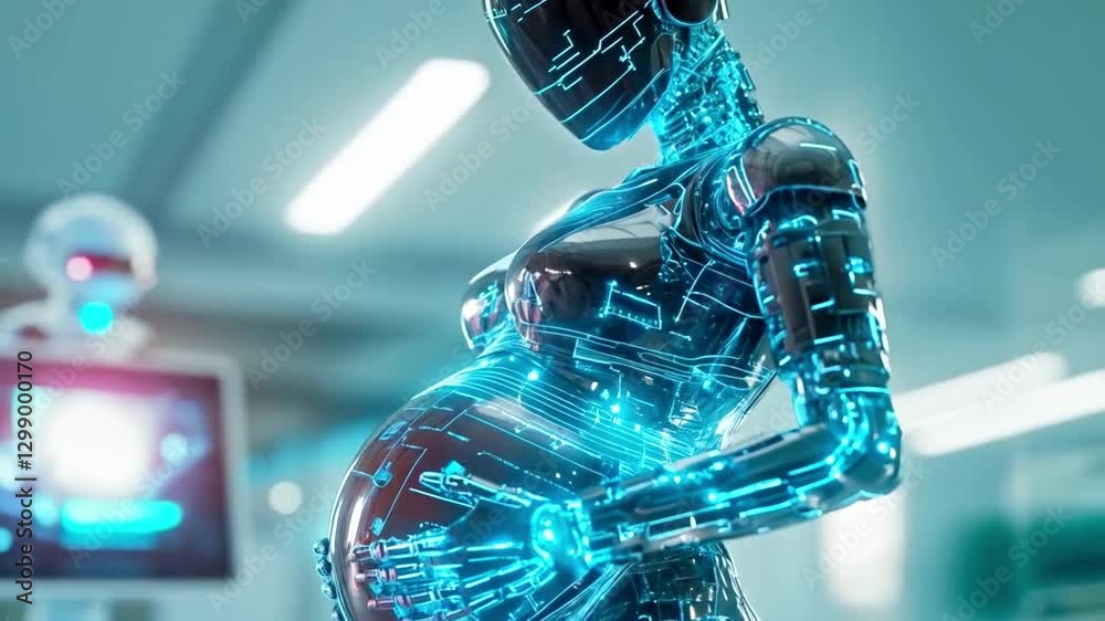 Poster A futuristic setting showcases a synthetic robot displaying a pregnant form. This advanced technology signifies developments in prenatal and surrogate applications, blending biology with innovation.