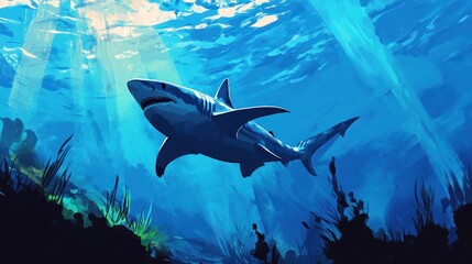 Naklejka premium Ocean Shark Underwater Sunlight Rays