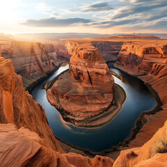 "A Canyon with a River Running Through, Sandstone Walls Glowing in the Sunlight, Dramatic and Geological"