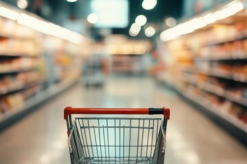 Blurred background of a supermarket with a shopping cart in the foreground. Supermarket shelves filled with various products, including food and household goods.