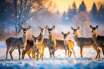 Obraz premium Winter Deer Herd, Snow Field, Low Light Photography, Rural Landscape, Calm Winter Afternoon