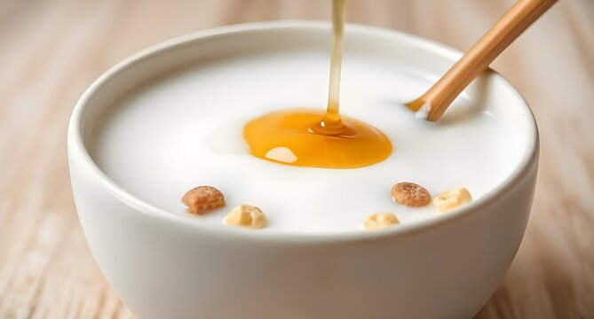A bowl of cereal with cold milk and honey