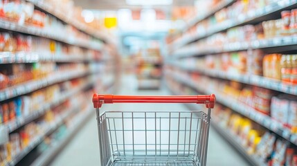 Blurred background of a supermarket with a shopping cart in the foreground. Supermarket shelves filled with various products, including food and household goods.