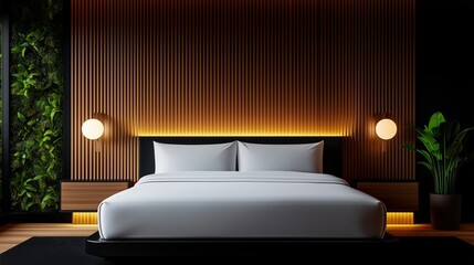 Modern bedroom with wood paneling, ambient lighting, and lush plants for a sleek, minimalist feel.