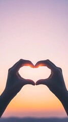 Woman hands heart shape lavender-pink glow