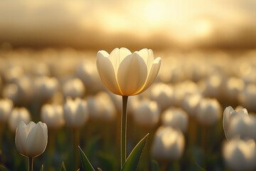 Gentle Sunrise Over a Field of White Tulips