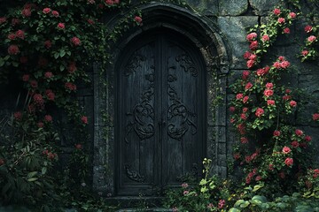 On a calm, beautiful Saturday morning, a worn, old stone entrance is surrounded by vibrant flowers and lush vegetation, signifying hope, rebirth, and resurrection. Generative Ai