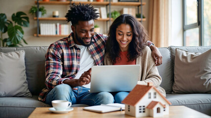 Multiethnic couple, young adult African American man and Latina woman using laptop to search for a house online, young diverse couple looking to buy a residence, home insurance or mortgage loan