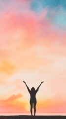 Woman celebrating achievements arms raised sunrise