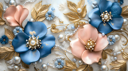 3D wallpaper with blue and pink flowers, golden leaves, and pearls 
