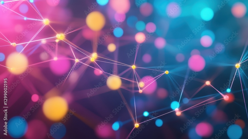 Poster abstract network visual with colorful nodes and connecting lines, representing technology, data, and
