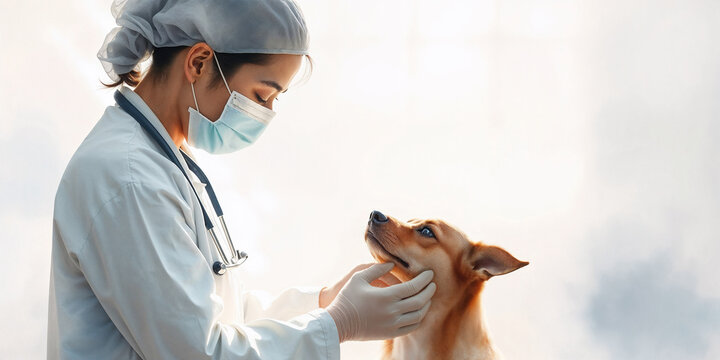 Greateful small dog remains still while female Asian veterinarian is examining him on a bright background inside a veterinary clinic. She is wearing surgical mask and gloves. Trust and compassion