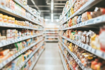 Fototapeta premium Blurred background of an indoor supermarket with shelves full of products. Abstract blurred background in pastel colors for design and graphic art, no people, shelves.