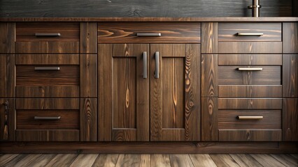 Fototapeta premium Rustic Dark Wood Cabinetry with Elegant Hardware Details and a Sleek Modern Design, Ideal for a Contemporary Kitchen or Dining Space