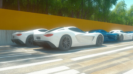 Fototapeta premium Sleek sports cars parked along a modern urban street with vivid yellow wall backdrop