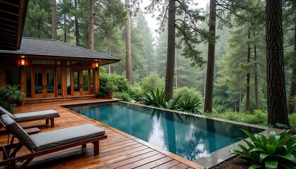 Luxurious poolside retreat in forest with modern villa and lounge chairs