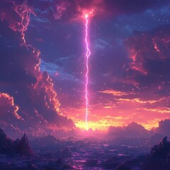 Dramatic Lightning Strike Over Fantasy Landscape with Colorful Clouds at Twilight
