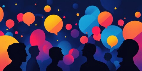 Vibrant illustration of silhouettes meeting with colorful speech bubbles and clouds